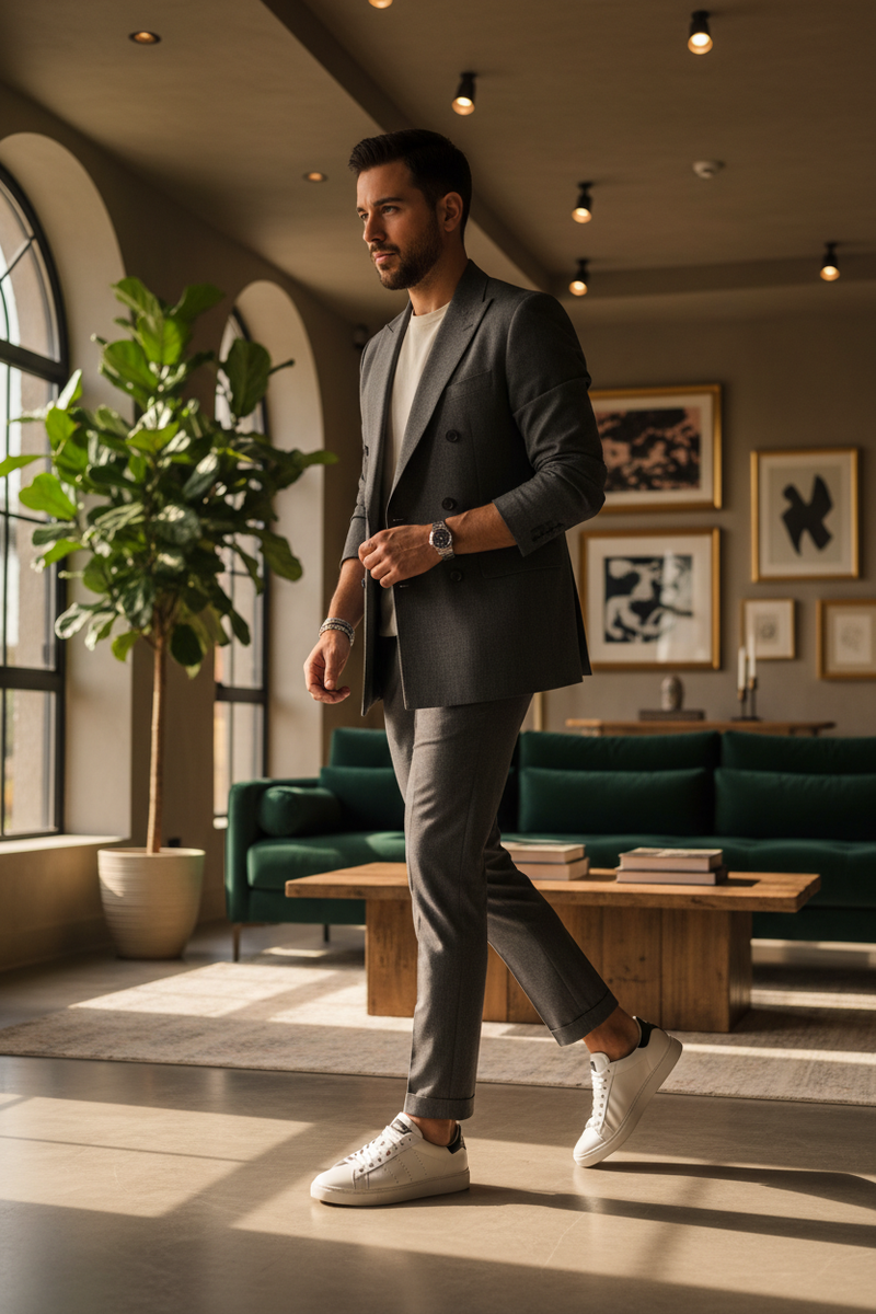 Associe este tênis com uma vestimenta blazer cinza e calça alfaiataria cinza num ambiente com iluminação morna
